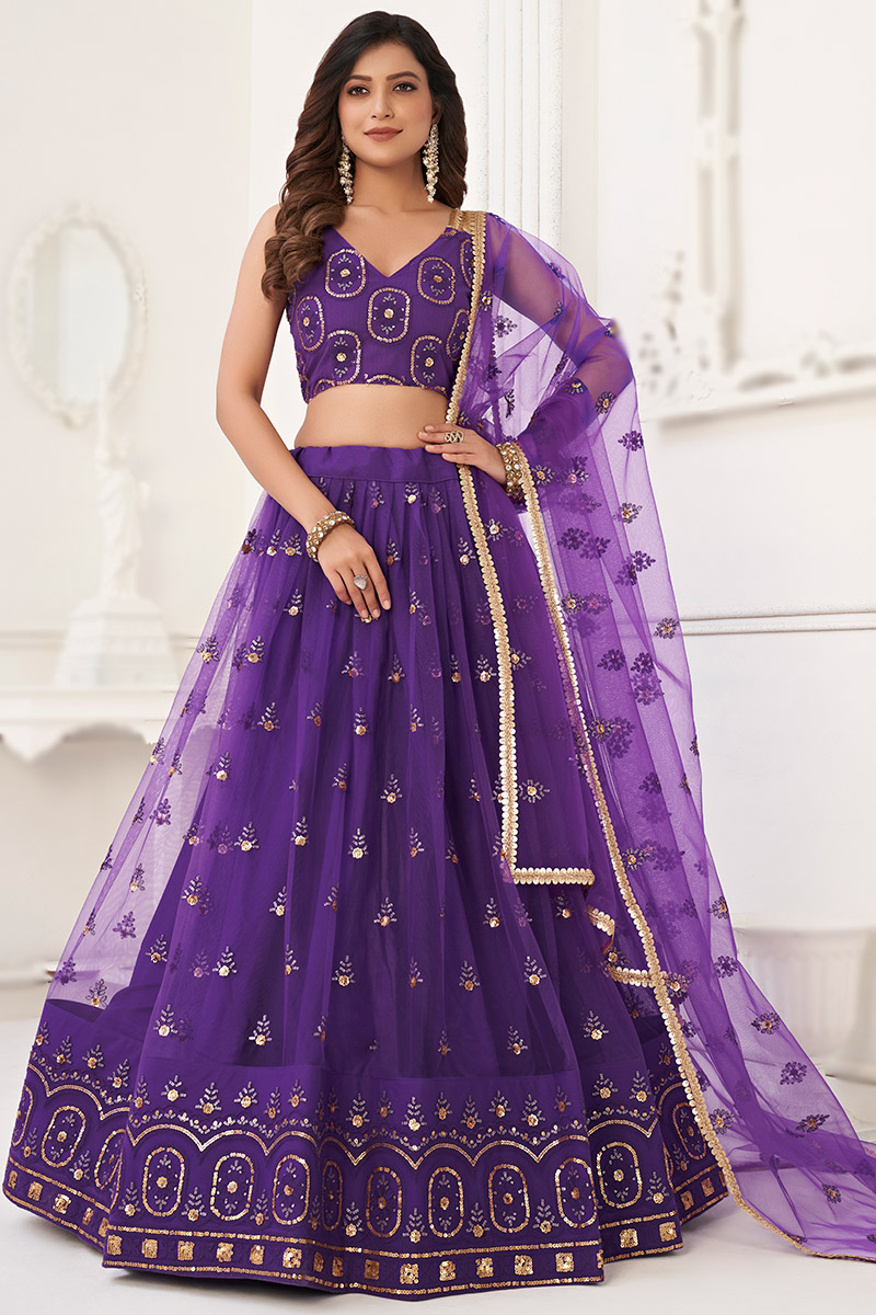 Sequins Embroidered Violet Net Purple Flared Lehenga 