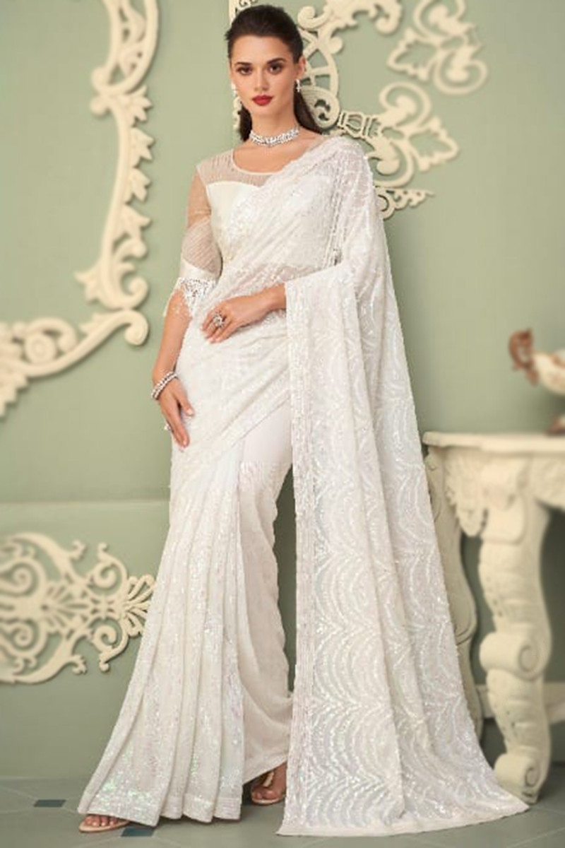 Embroidered Border Satin Georgette Saree in Off White : SFVA3848