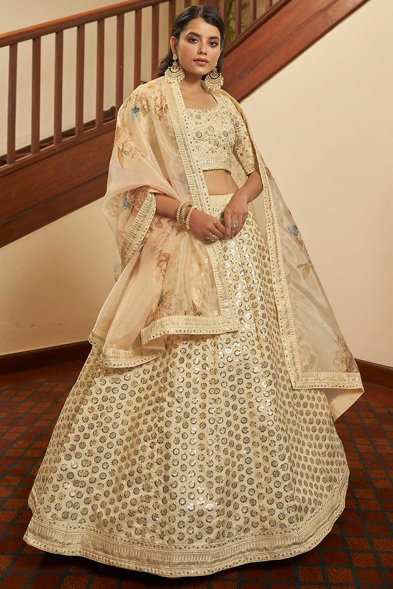 Sequins Work Embroidered Art Silk Beige Lehenga
