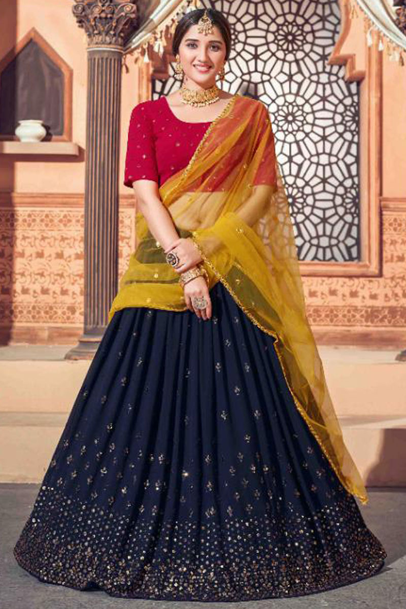 Sequins Work Embroidered Georgette Navy Blue Lehenga