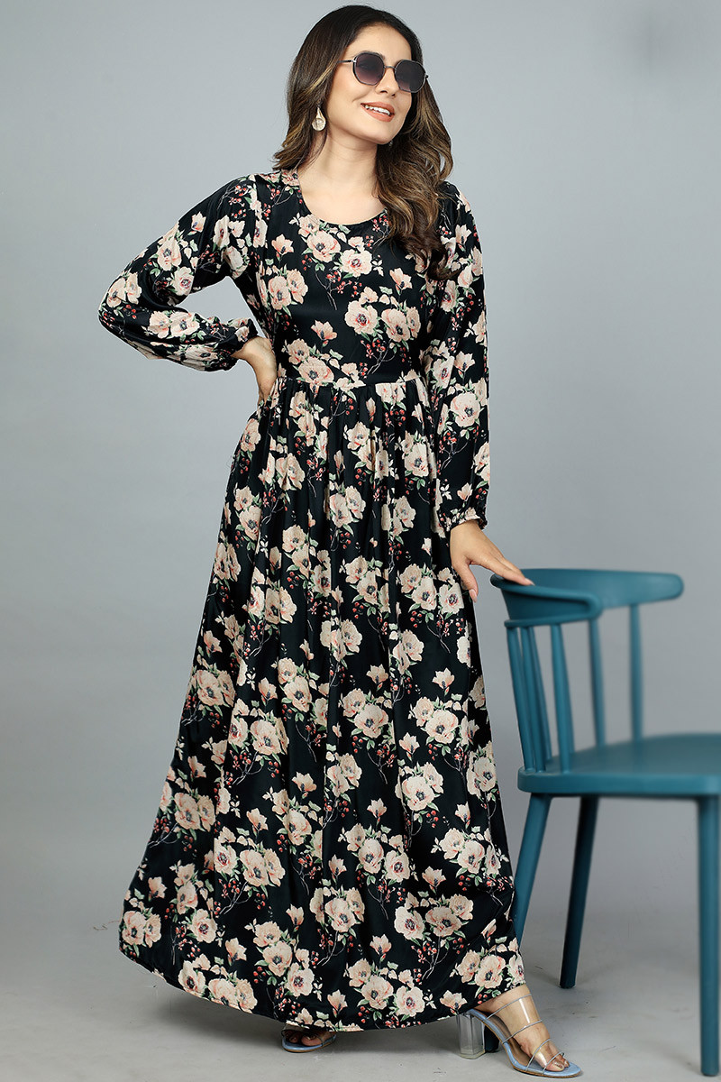 Silk and Lycra Black Printed Gown with Net Dupatta