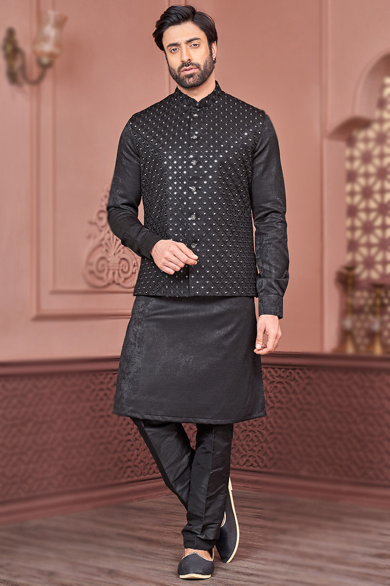 Silk Black Men s Kurta Pajama With Embroidered Waist Coat MKPA06422
