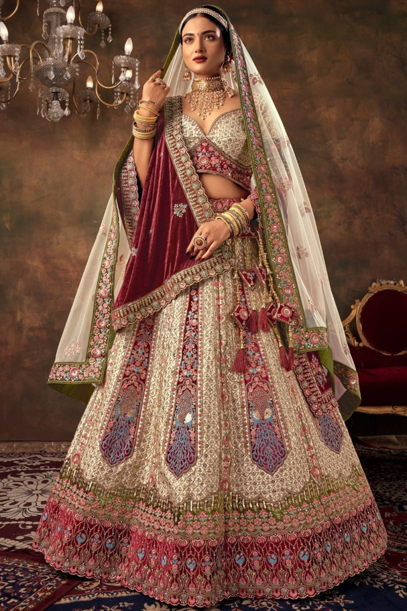 Silk Blend Cream Beige Panelled Style Embroidered Lehenga