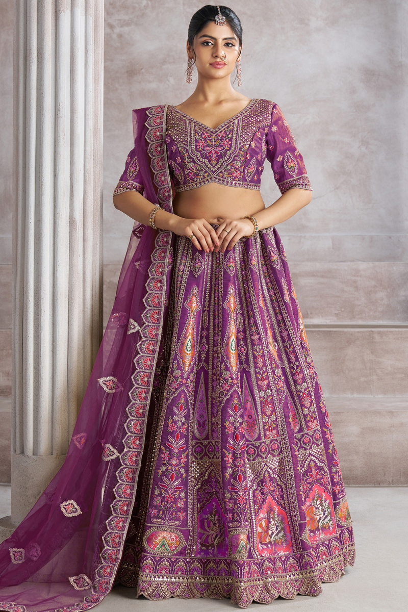 Silk Blend Dori Embroidered Purple Flared Style Lehenga