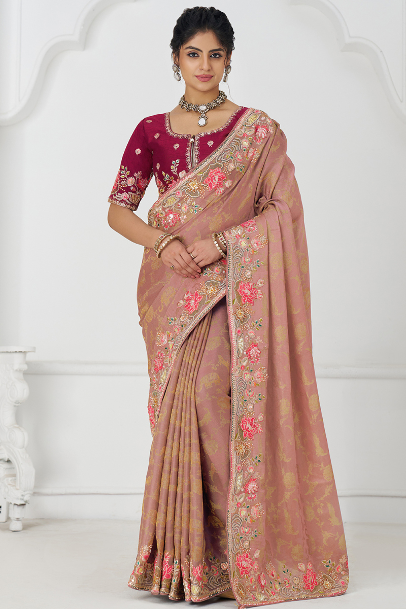 Silk Blend Embroidered Dusty Mauve Wedding Wear Saree