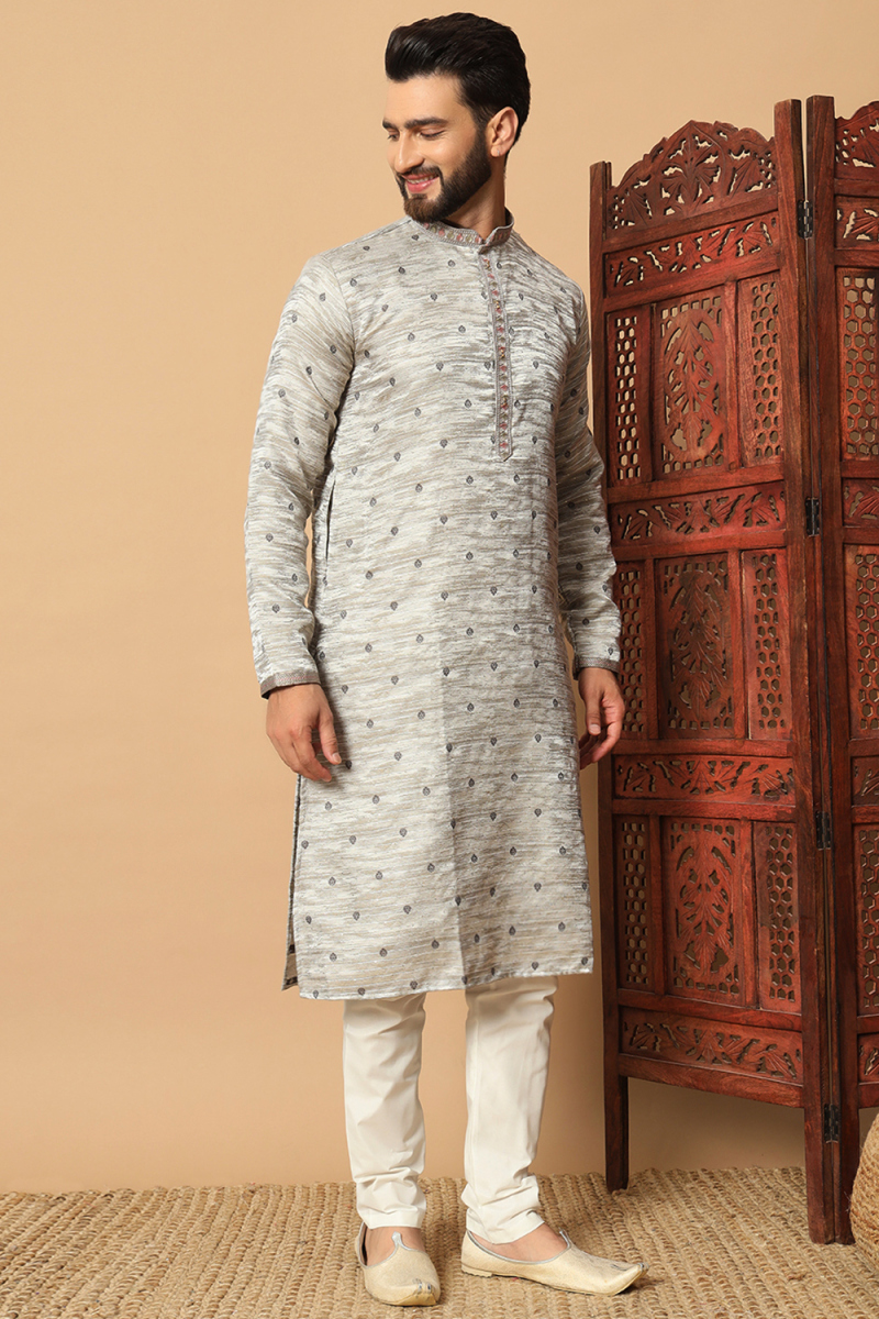 Silk Blend Light Grey Kurta Churidar With Weaved Sequin Work For Diwali
