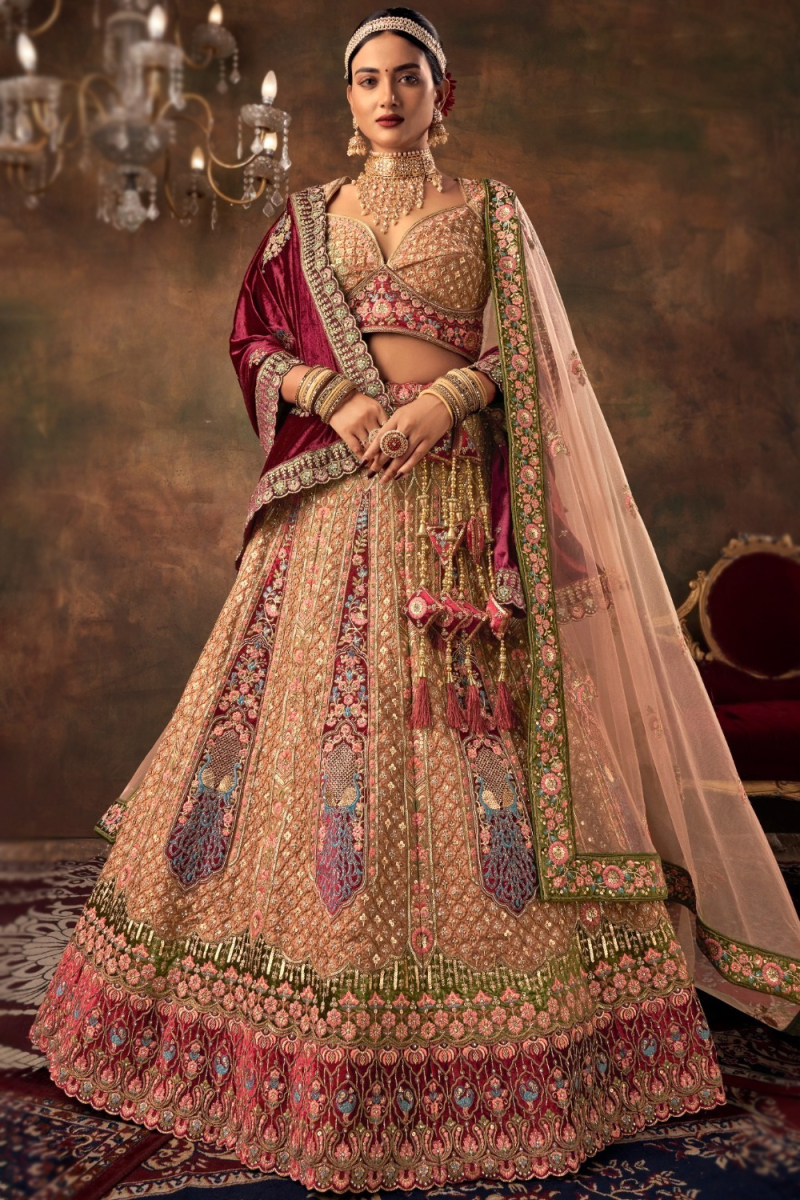Silk Blend Salmon Peach Panelled Style Embroidered Lehenga