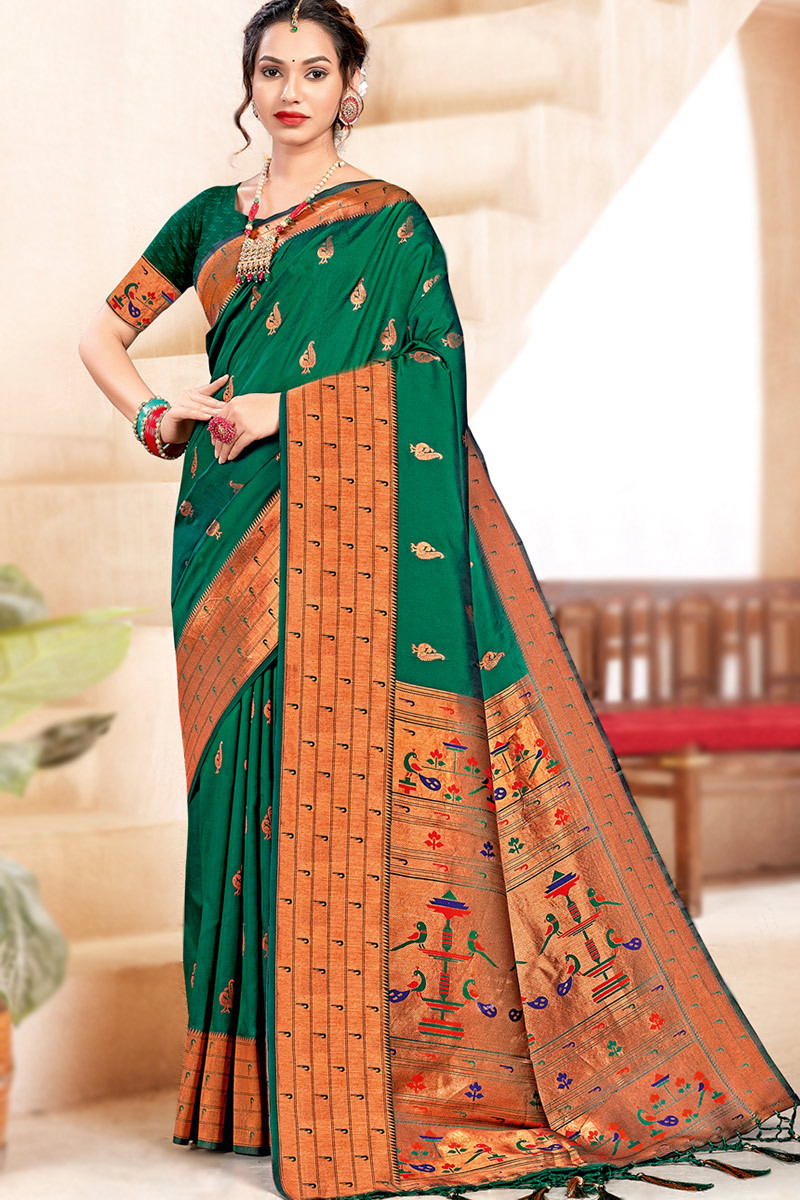 Bottle Green Banarasi Georgette Embellished Saree – Roopkala Heritage