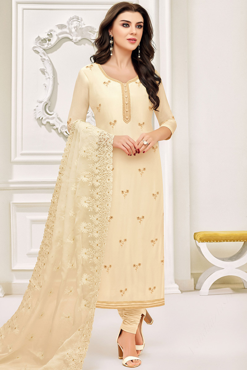 Buy Cream Silk Churidar Suit With Resham Work Online LSTV04930