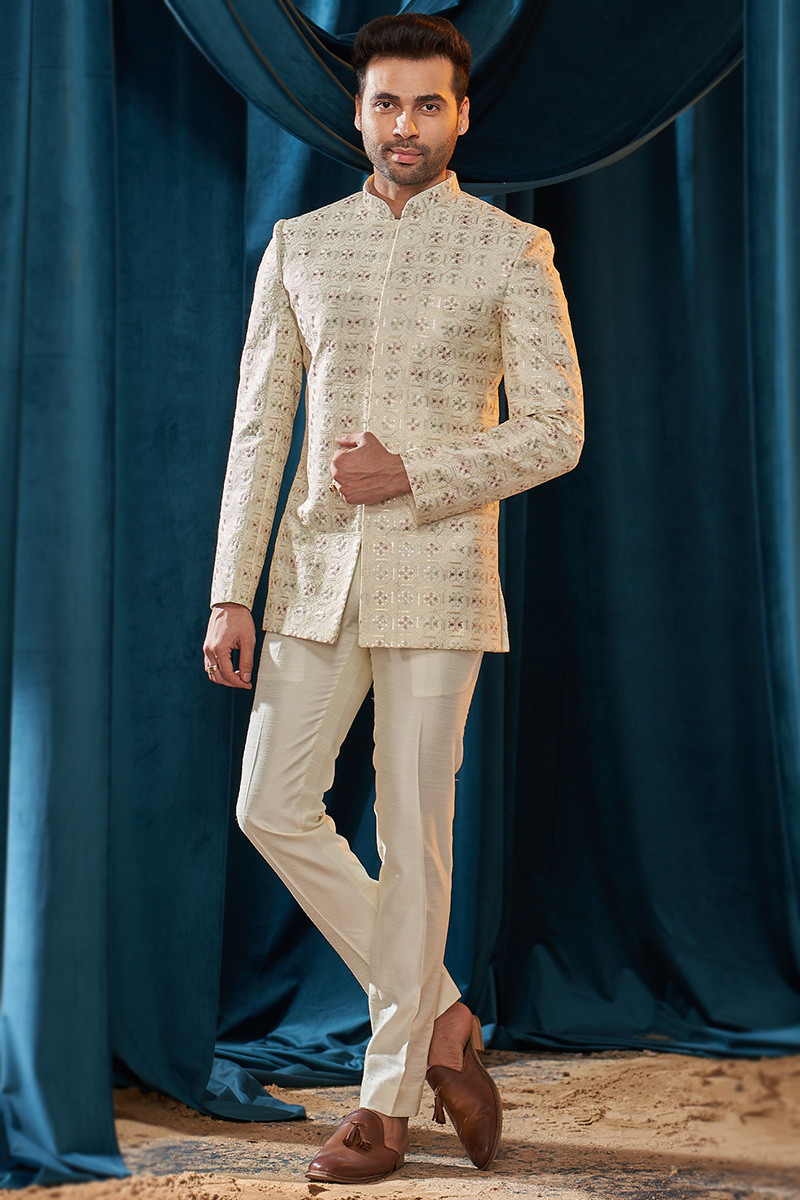 Silk Cream Beige Embroidered Men Sherwani MSTV02661