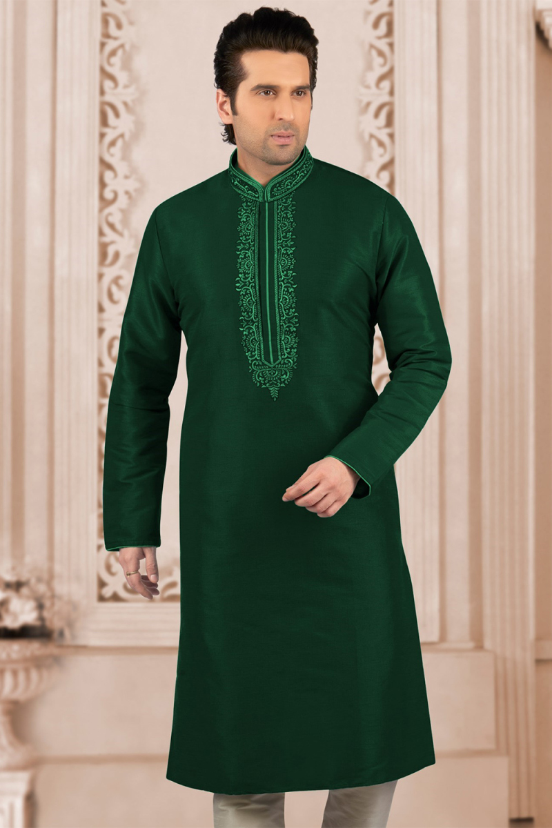 Silk Dark Green Kurta with Resham Work for Mehndi Function
