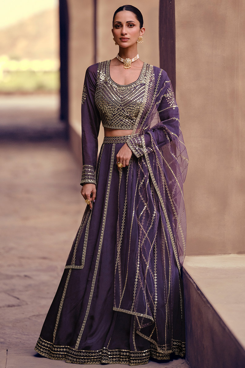 Silk Dark Purple Sequins Embroidered A-Line Sytle Lehenga 