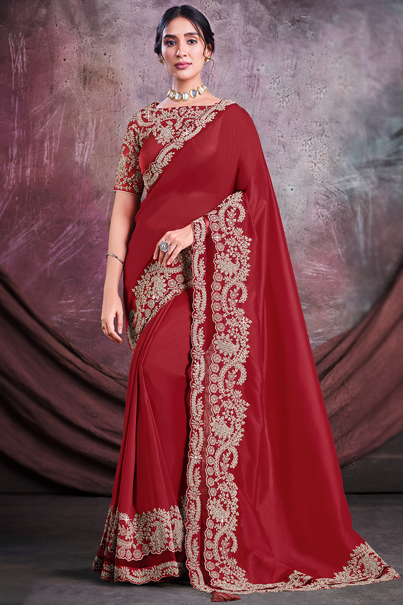 Silk Deep Red Embroidered Saree