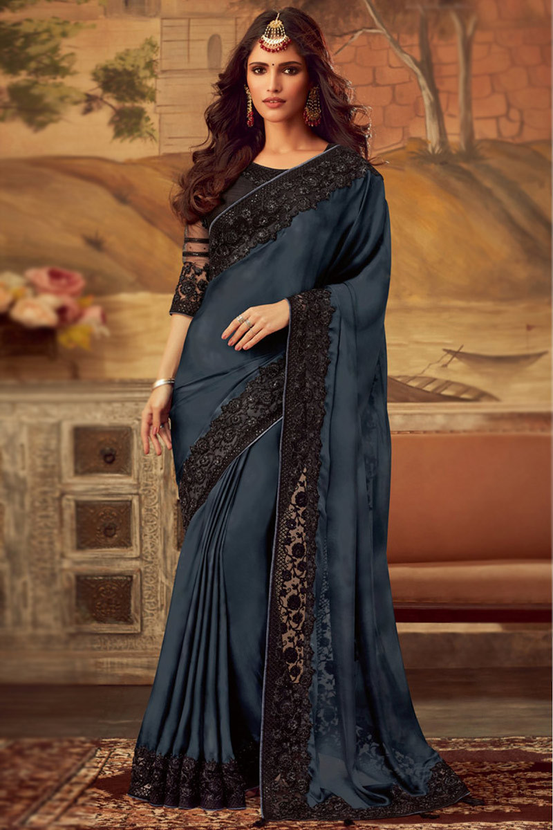 Khwaab Navy blue and black thread work with Sequence designer saree with  Stitched Blouse - Khwaab - 2552820