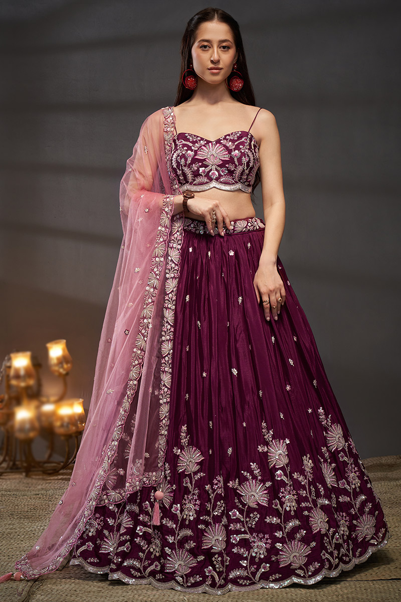 Silk Dori Embroidered Wine Maroon Flared Style Lehenga