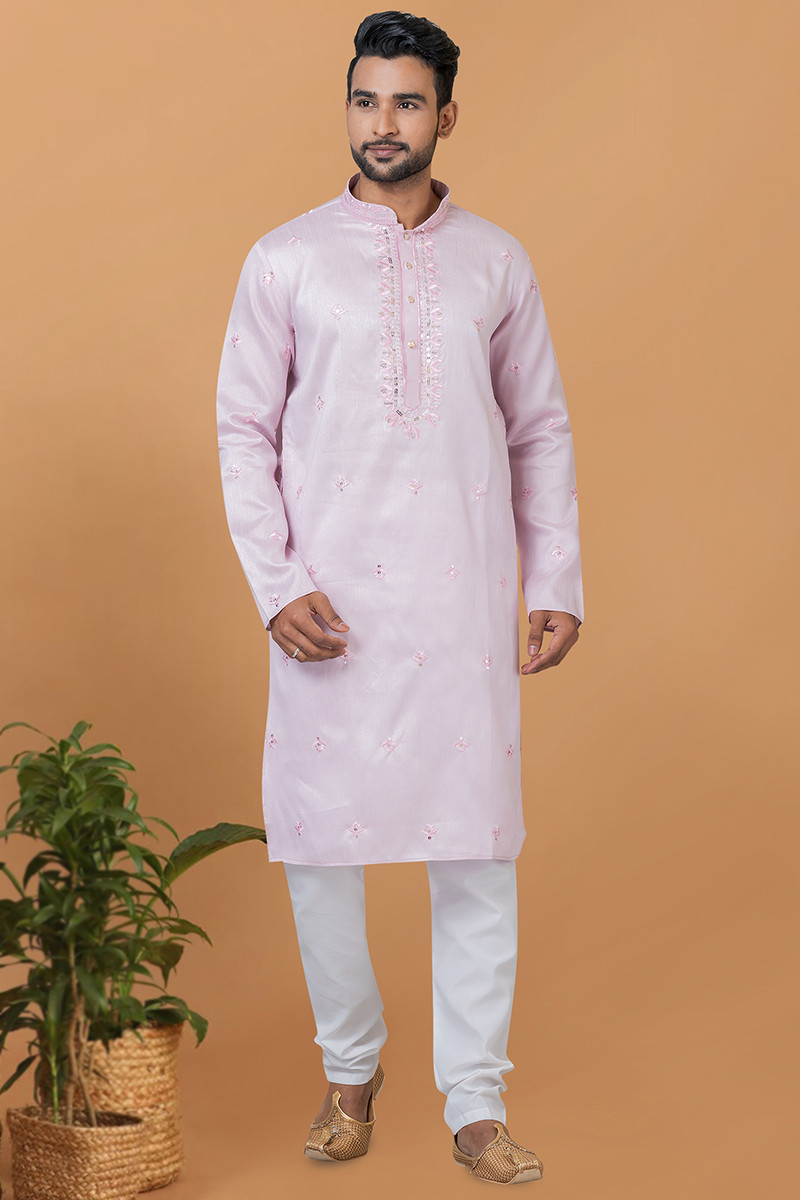 Silk Embroidered Pale Pink Straight Cut Men s Kurta Churidar MKPA05873