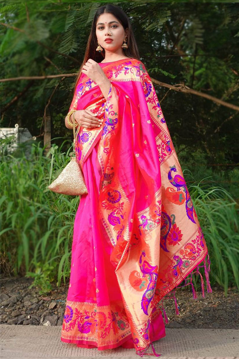 Sico Silk Saree | Buy Sico Silk Paithani Pink Colour Saree At Affordable  Price | Abhimani Paithani