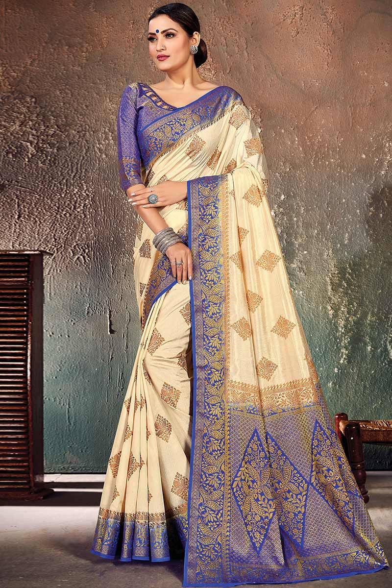 Silk Saree with blouse in Beige colour 6105