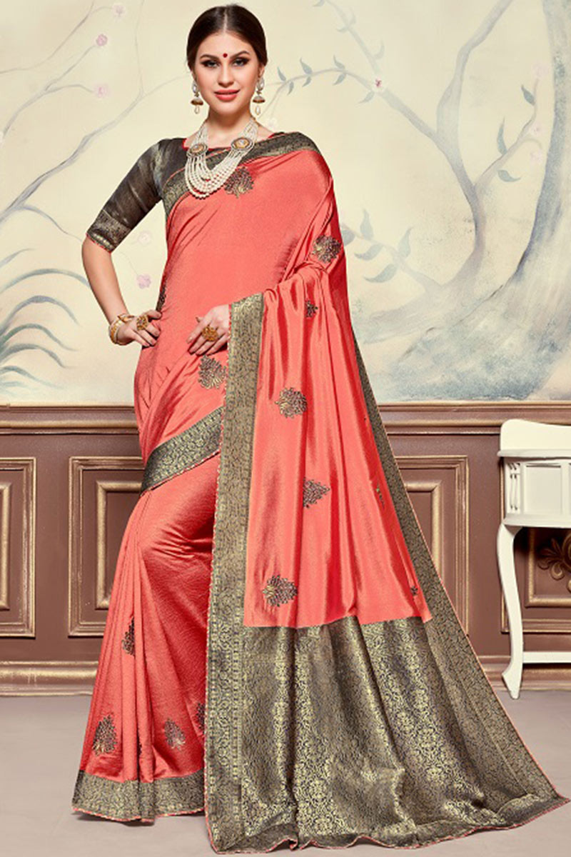 PEACH and DARK GREEN CIRCLES GEORGETTE Saree with FANCY