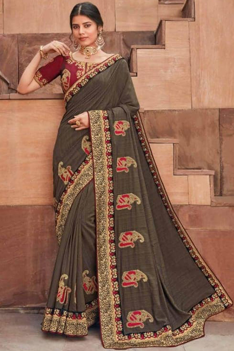 Brown Party Wear Silk Saree With Floral Blouse Saree 4786SR06