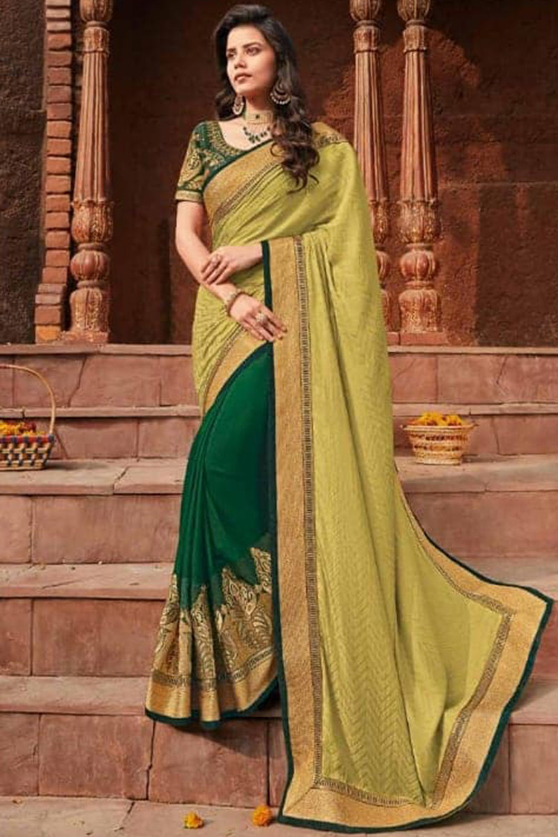 Lime Green & Pink Banarasi Soft Silk Saree With Zari Weaving Work –  Sareewave