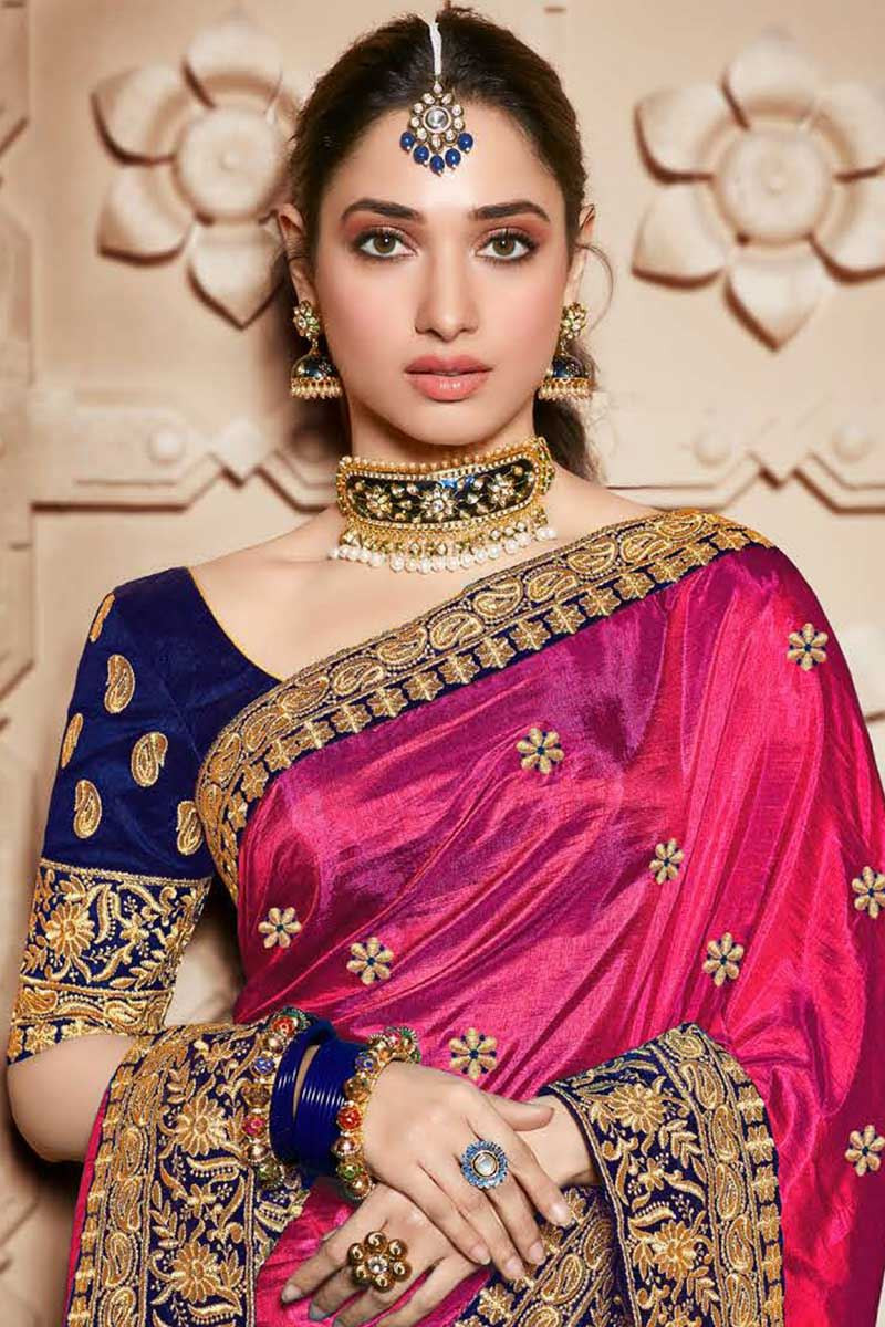 Silk Indian Wedding Saree In Deep Pink Colour