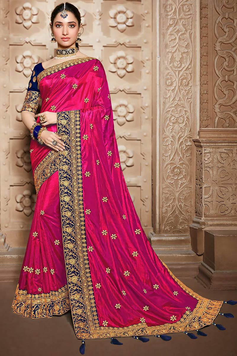 Silk Indian Wedding Saree In Deep Pink Colour