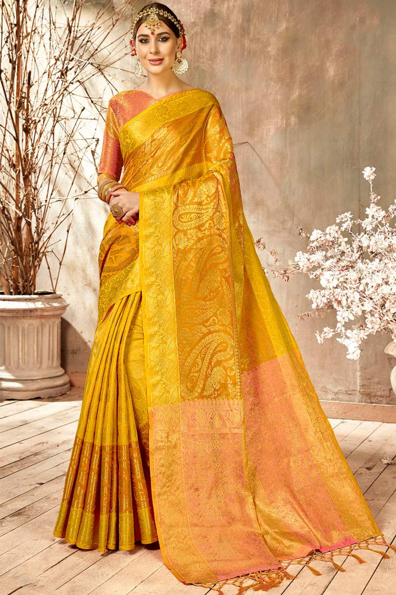 Golden Color Shinning Soft Banarasi Silk Saree with Golden Zari Work for  Wedding - Navshtri Family