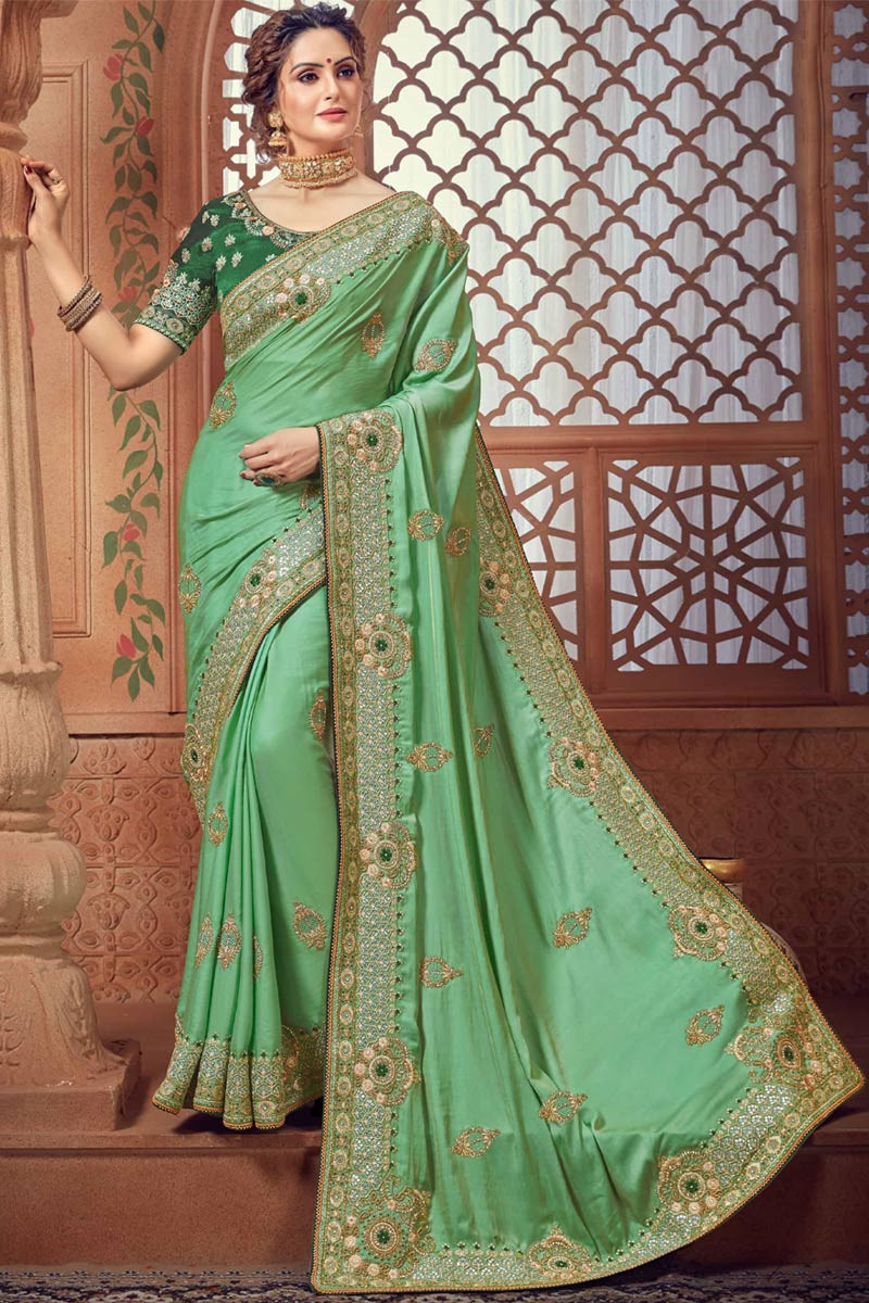 Weaving Jacquard and silk Green Wedding Saree with Blouse - SR18899