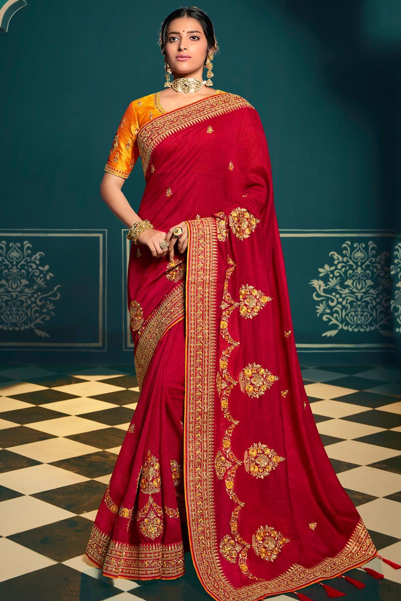 Golden Yellow and Red Zari Woven Designer Banarasi Saree – MySilkLove