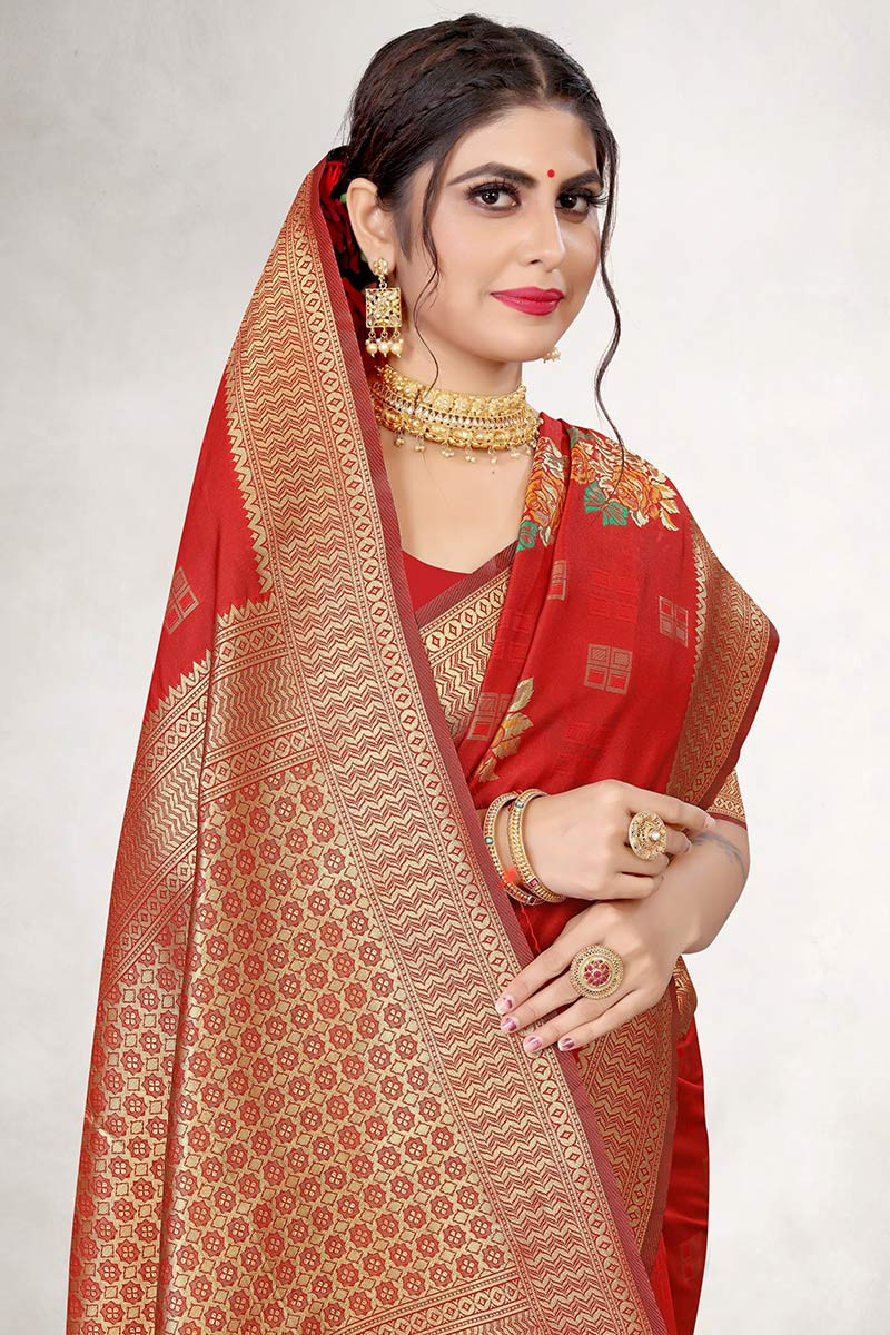 Dazzling Red Karva Chauth Georgette Chikankari Saree with Se