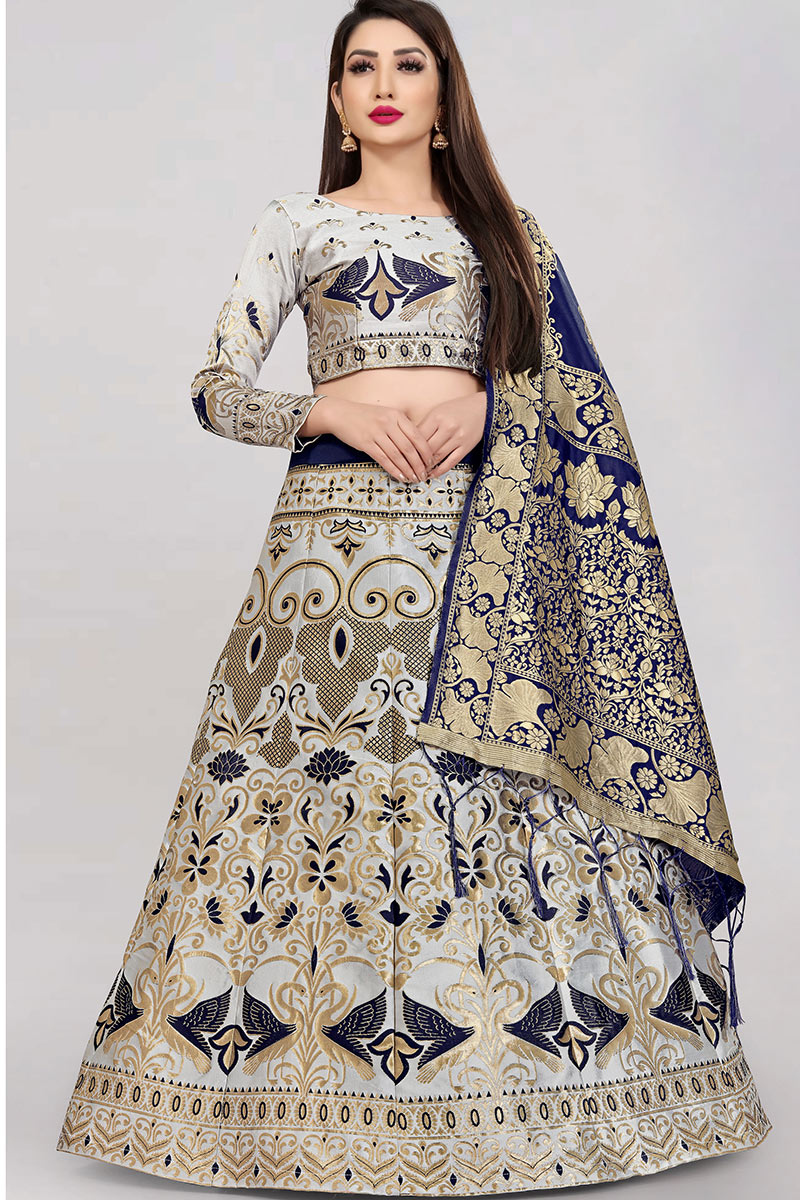 Silk Light Grey Woven Zari Lehenga
