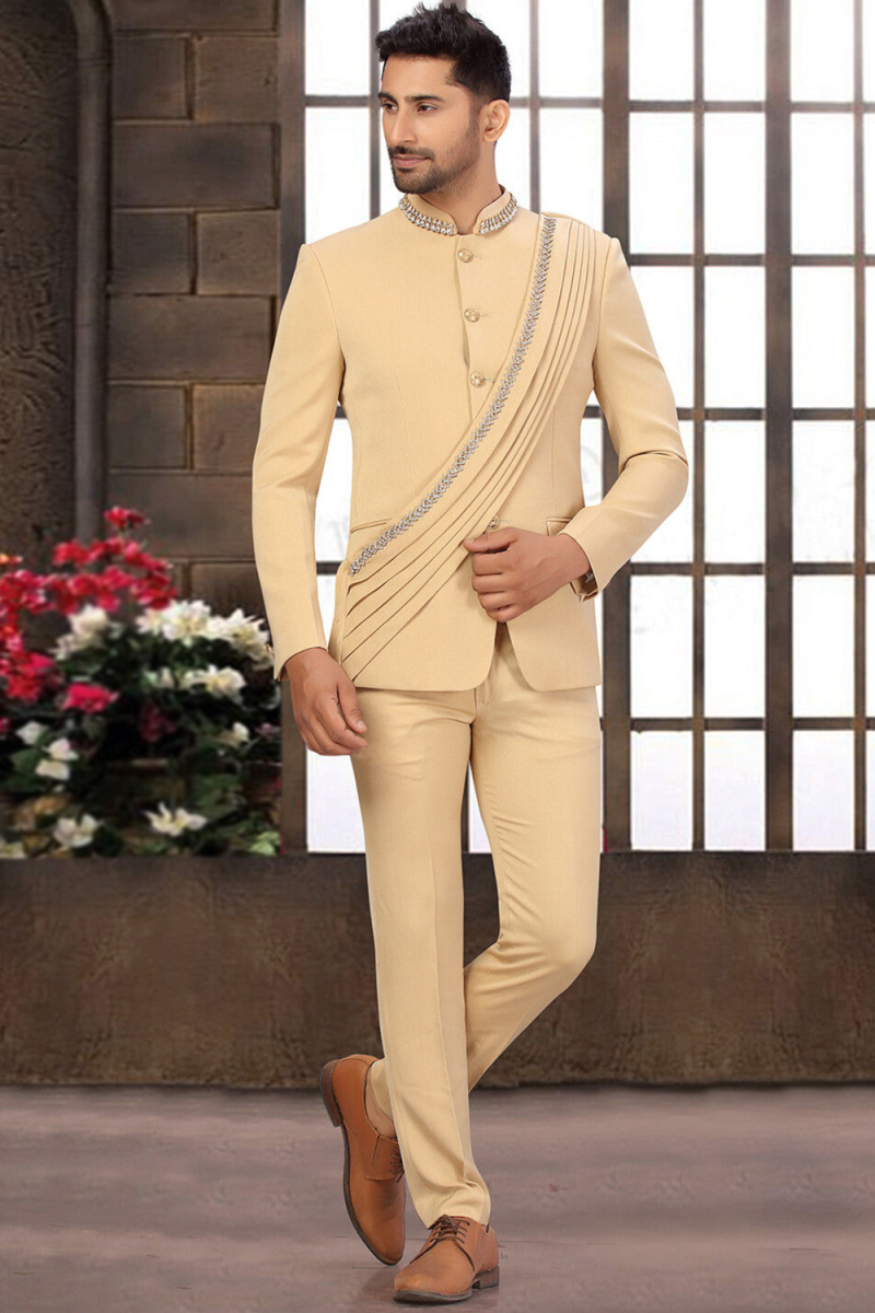Silk Light Peach Embroidered Jodhpuri Style Men's Suit