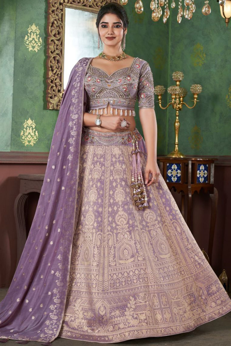 Silk Light Purple Lehenga With Woven Zari Work For Weddings