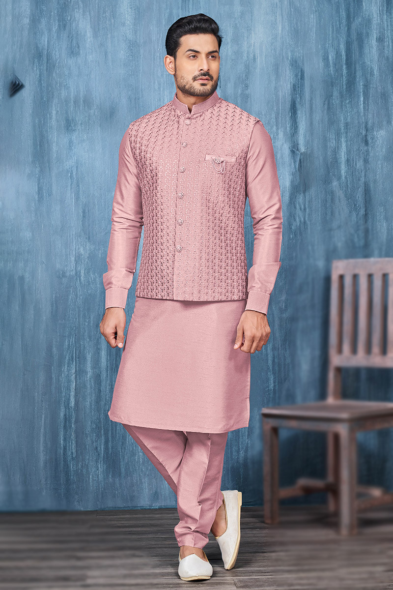 Silk Mauve Pink Traditional Jacket Style Men s Kurta Pajama MKPA06346