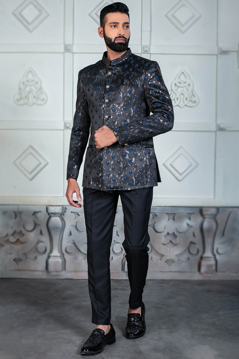 Silk Men's Charcoal Grey Jodhpuri Style Weaved Sherwani