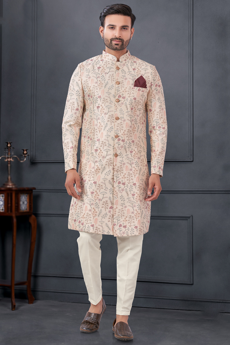 Silk Men's Ivory Resham Embroidered Front Slit Sherwani 