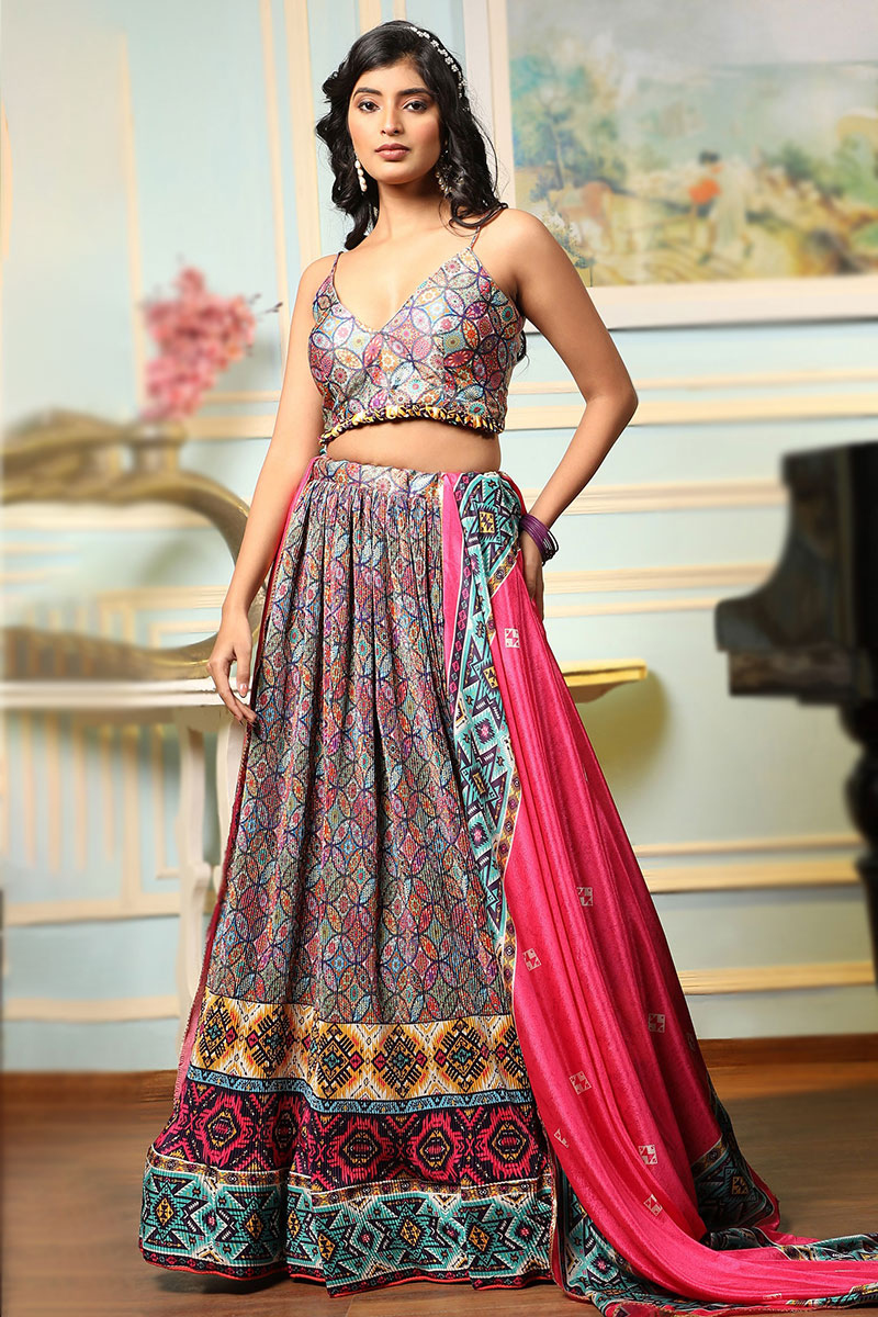 Silk Multi Color Printed Flared Lehenga