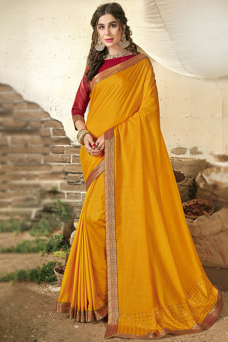 Elegant Weaved Lace Silk Mustard Yellow Saree|SARV146893