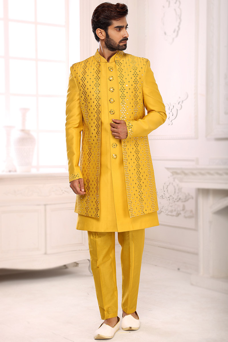 Special Offer Sequins Embroidered Mustard Yellow Men Sherwani