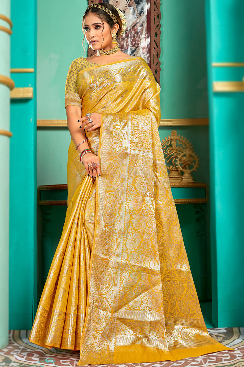 Light Yellow Cutdana and Sequinned Work Saree in Organza with Embellished  Border