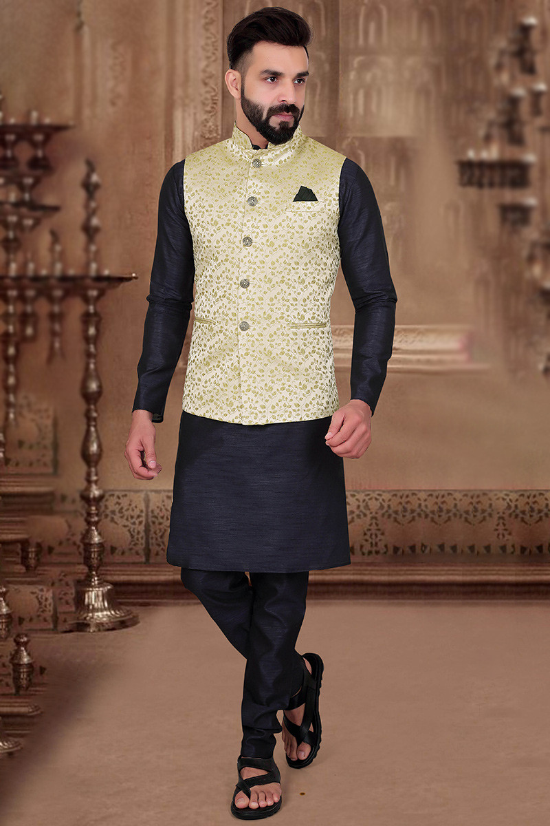 Buy Silk Navy Blue Men Kurta Pajama With Woven Jacket MKPA02049