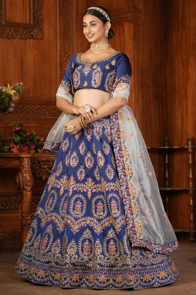 Silk Navy Blue Resham embroidered Panelled Style Lehenga