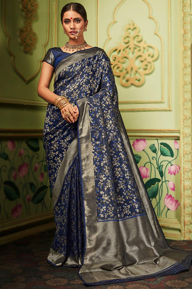 kanchipuram_silk_saree_makers: “Gorgeous 👰 in contrast pink and navy blue  Kan… | Kerala saree blouse designs, Bridal sarees south indian, Wedding  saree collection