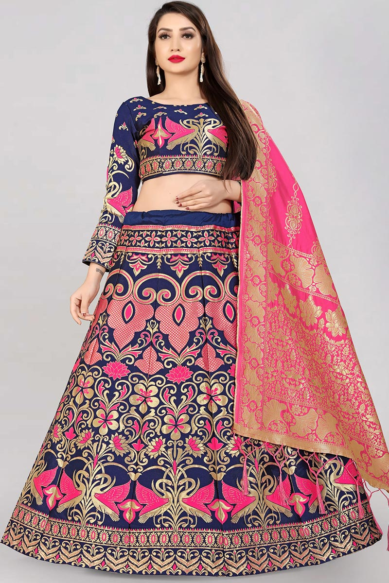 Silk Navy Blue Woven Zari Panelled Style Lehenga 