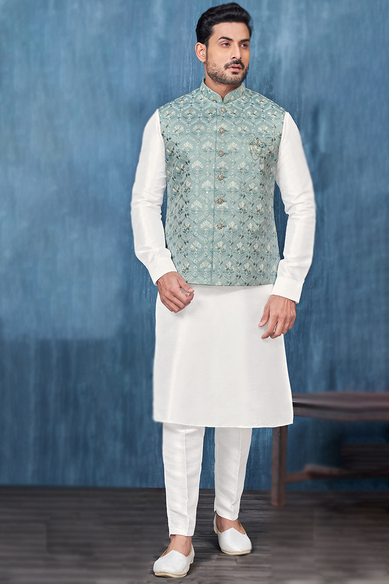 Silk Off White Men s Kurta Pajama With Embroidered Waist Coat
