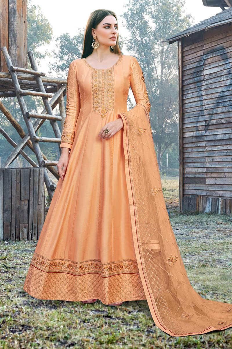 Silk Party Wear Anarkali Suit In Light Orange Color