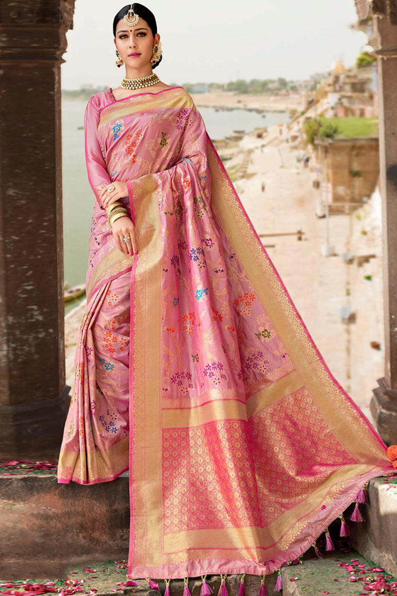 Buy Organza Fabric Party Wear Saree in Baby Pink Color