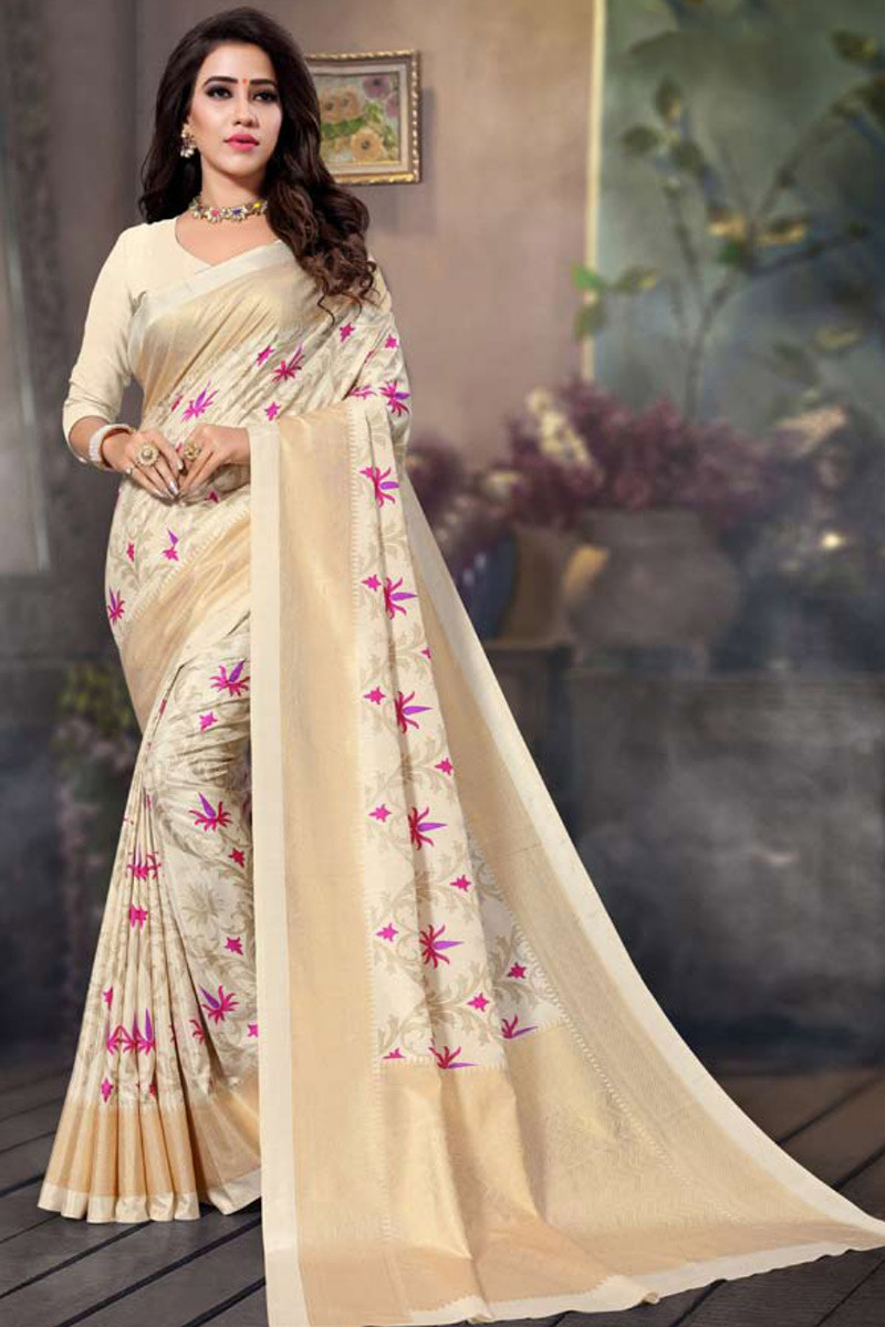 Lycra Fabric Designer Cream Color Party Style Ready To Wear Saree