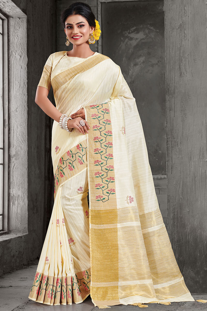 Zari Embroidery Work Georgette Party Wear Saree In Light Beige Color